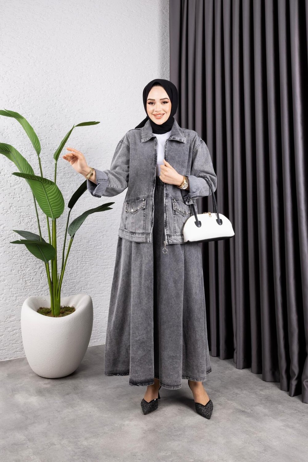 KADIN 2Lİ TAKIM KOT CEKET VE BELİ LASTİKLİ ETEK