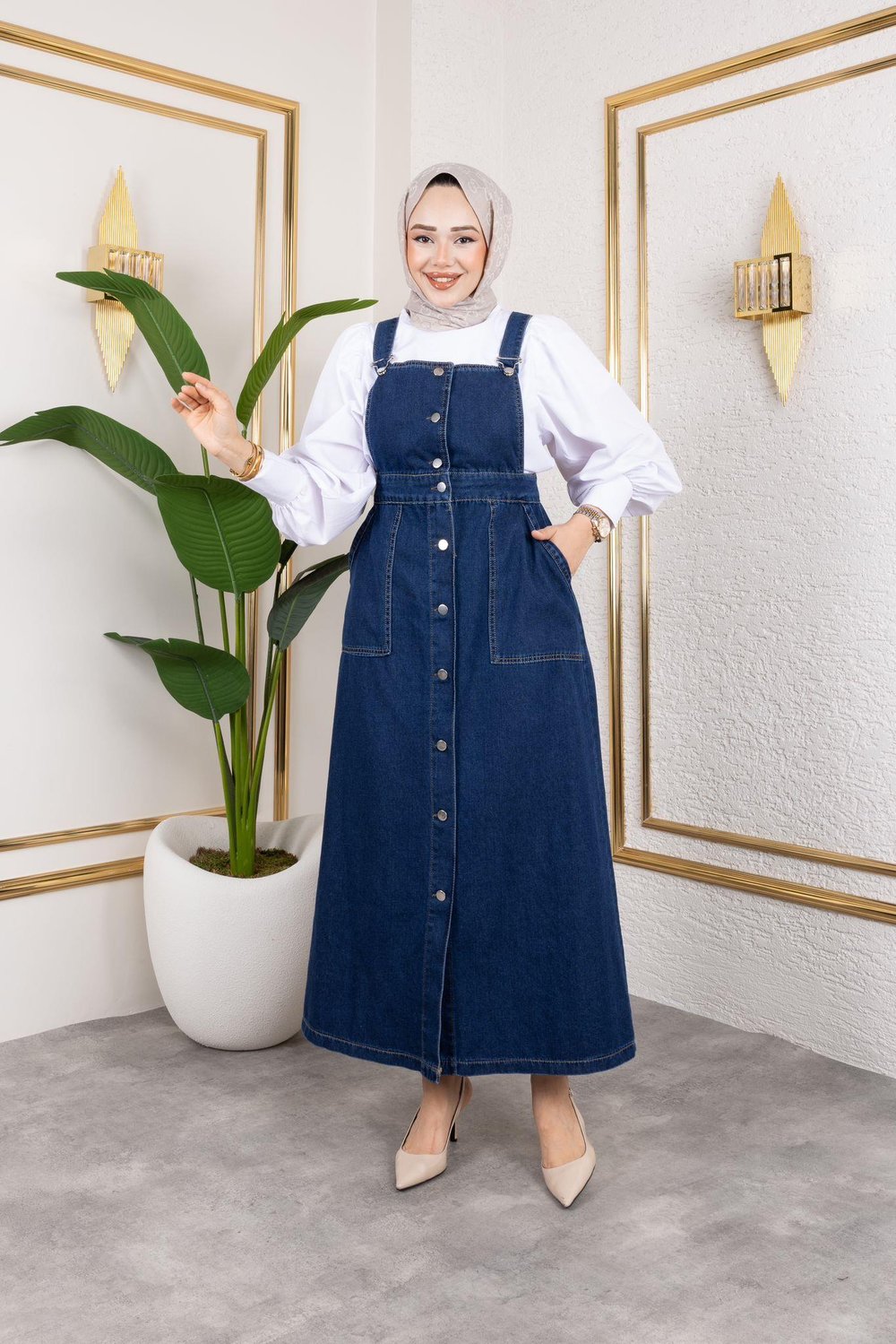 Kadın Askılı Lacivert Kot Salopet 