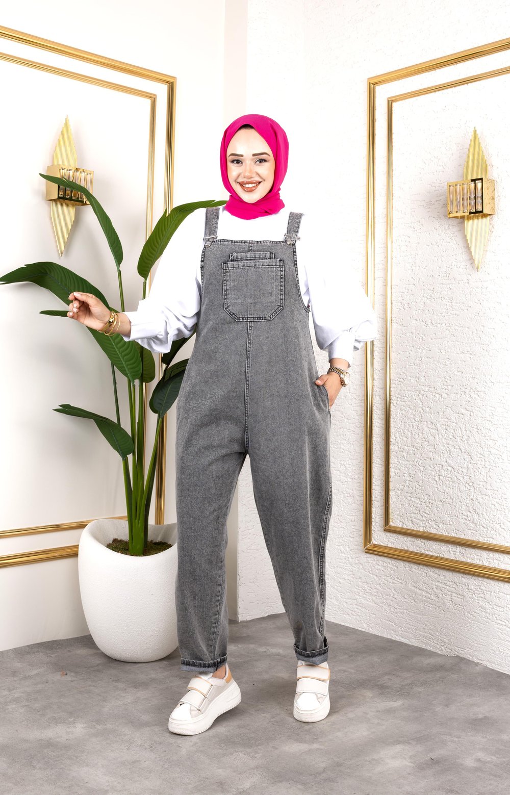 Kadın Cepli Askılı Gri Kot Tulum