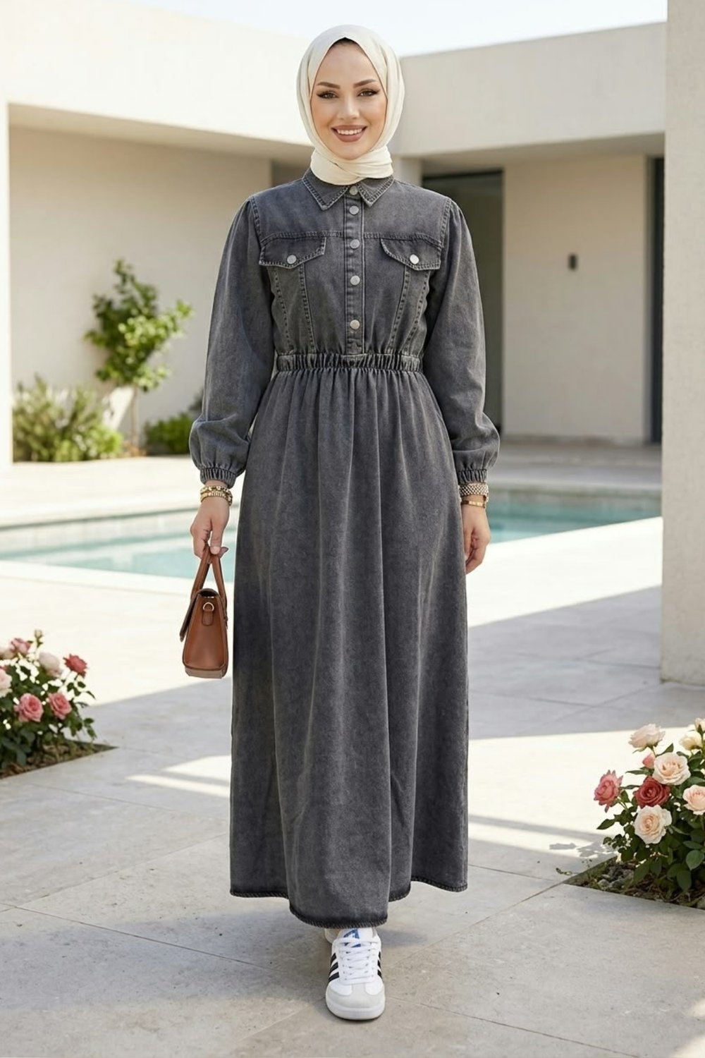 Kadın Düğmeli Beli Lastikli Cepli Kot Siyah Elbise