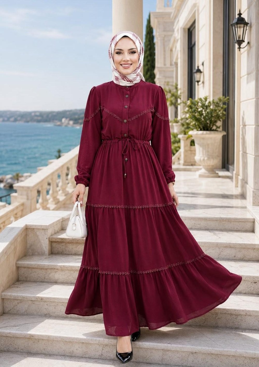 Kadın Düğmeli Dantel Detaylı Beli Bağcıklı Ayrobin Bordo Elbise