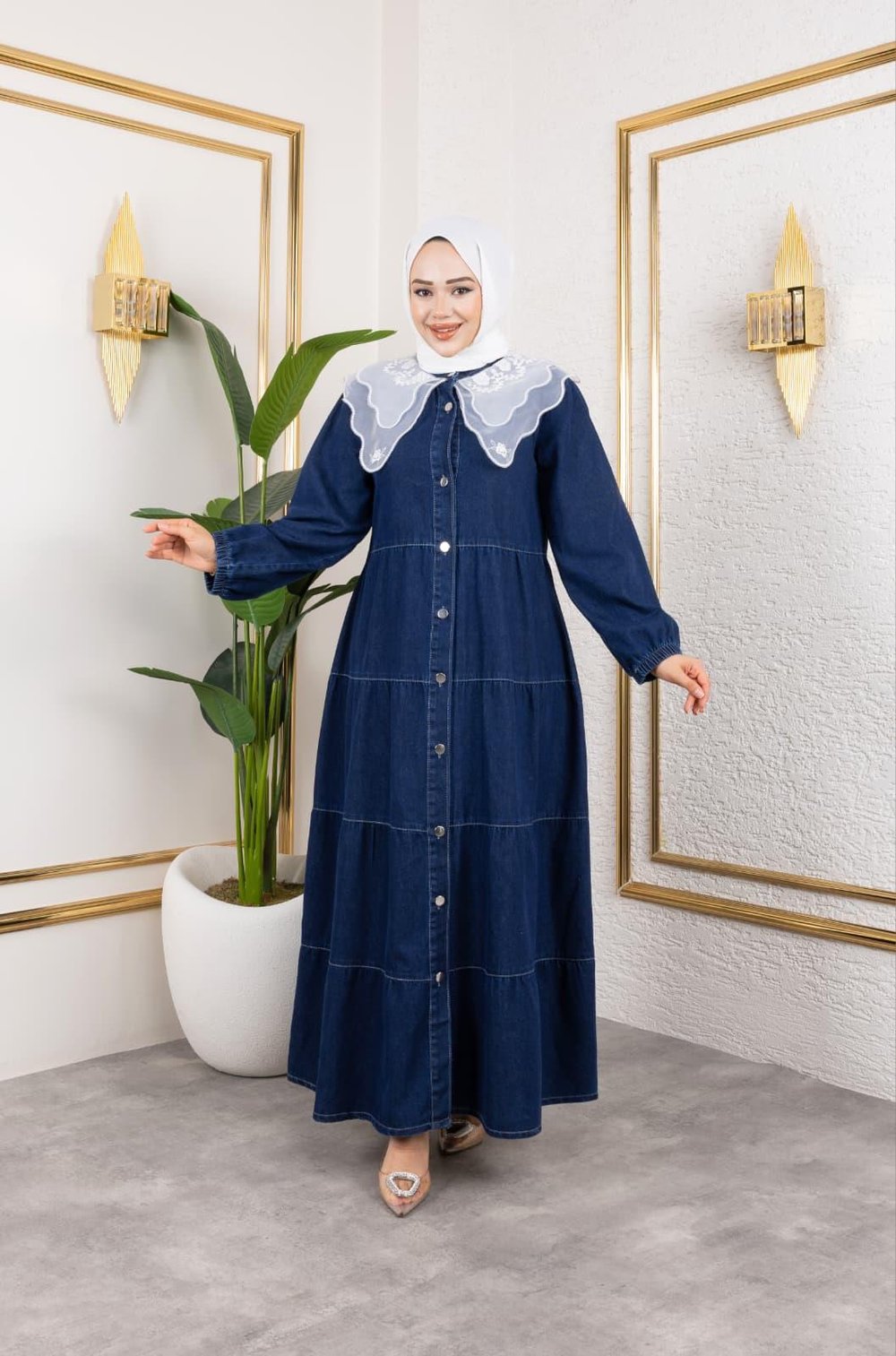 Kadın Düğmeli Dantel Yaka Lacivert Kot Elbise