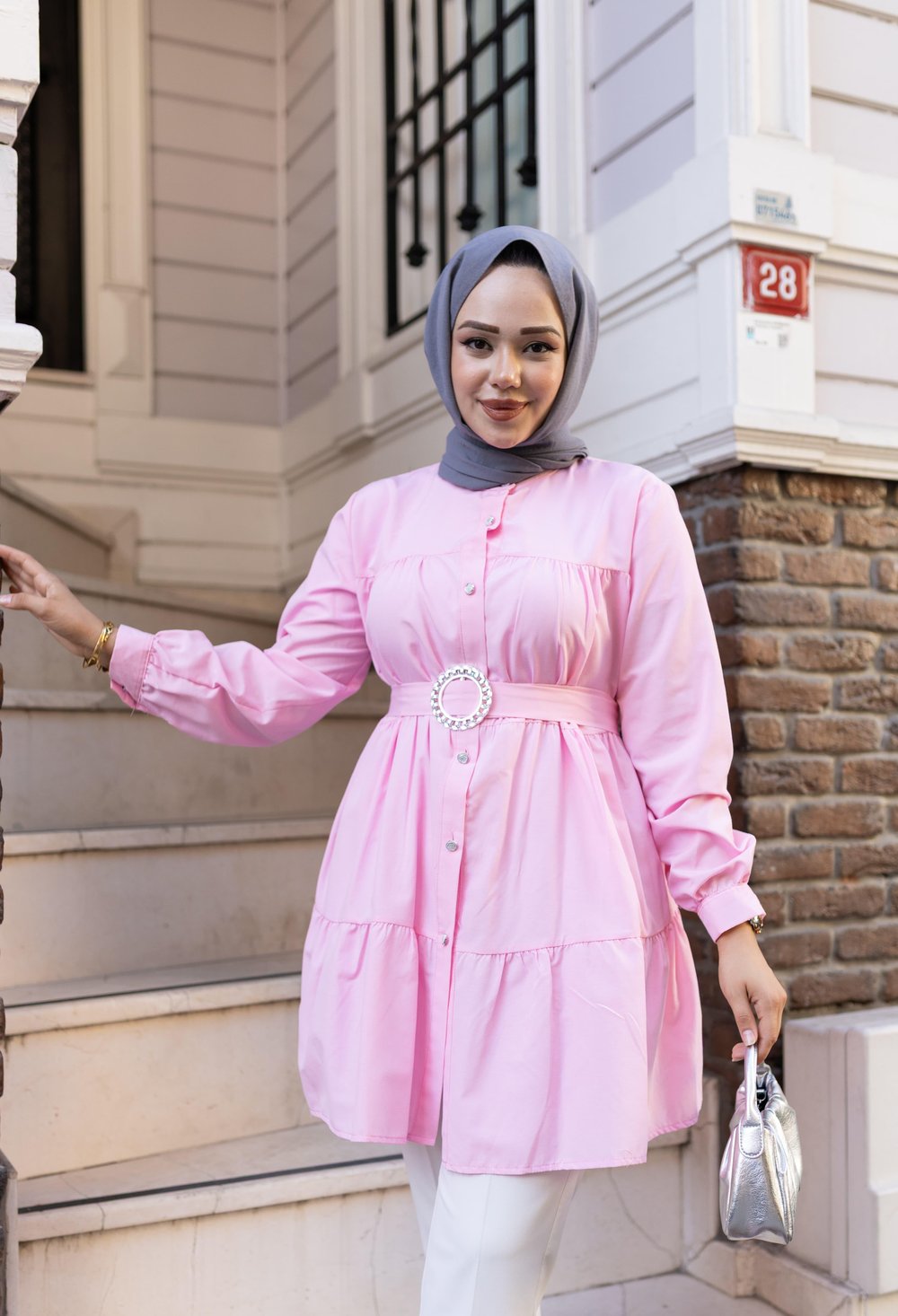 Kadın Düğmeli Kemer Detaylı Pembe Gömlek