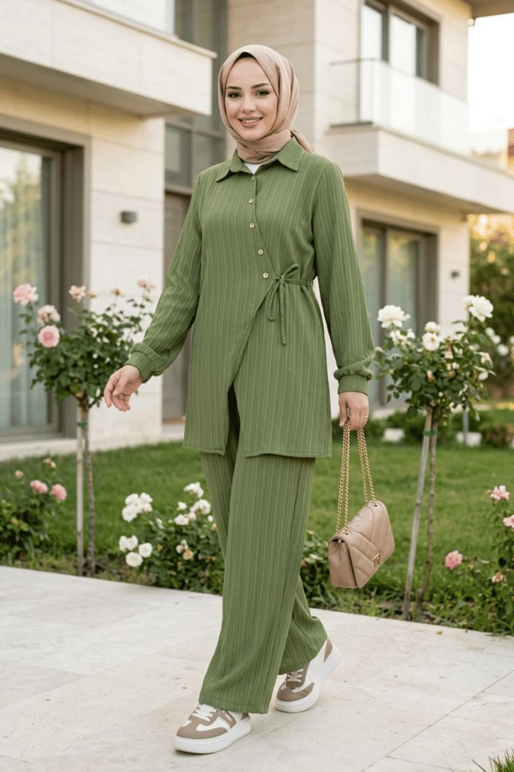 Kadın Düğmeli Kuşaklı  Çilek Kumaş Tunik Pantolon Haki İkili Takım