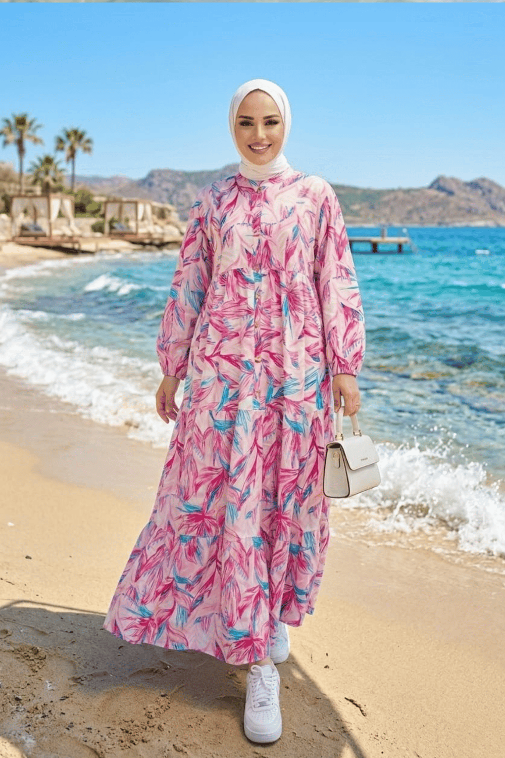 Kadın Düğmeli  Modal Kumaş Desenli Pembe Elbise