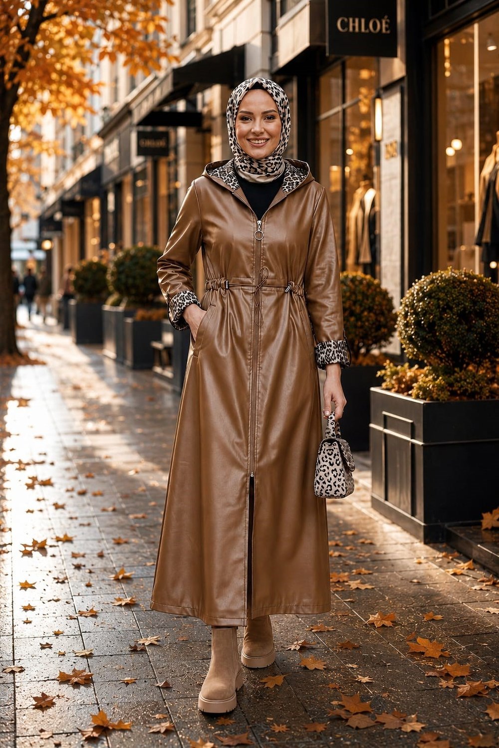 Kadın Fermuarlı Kapüşonlu İçi Şardonlu Taba Deri Kap
