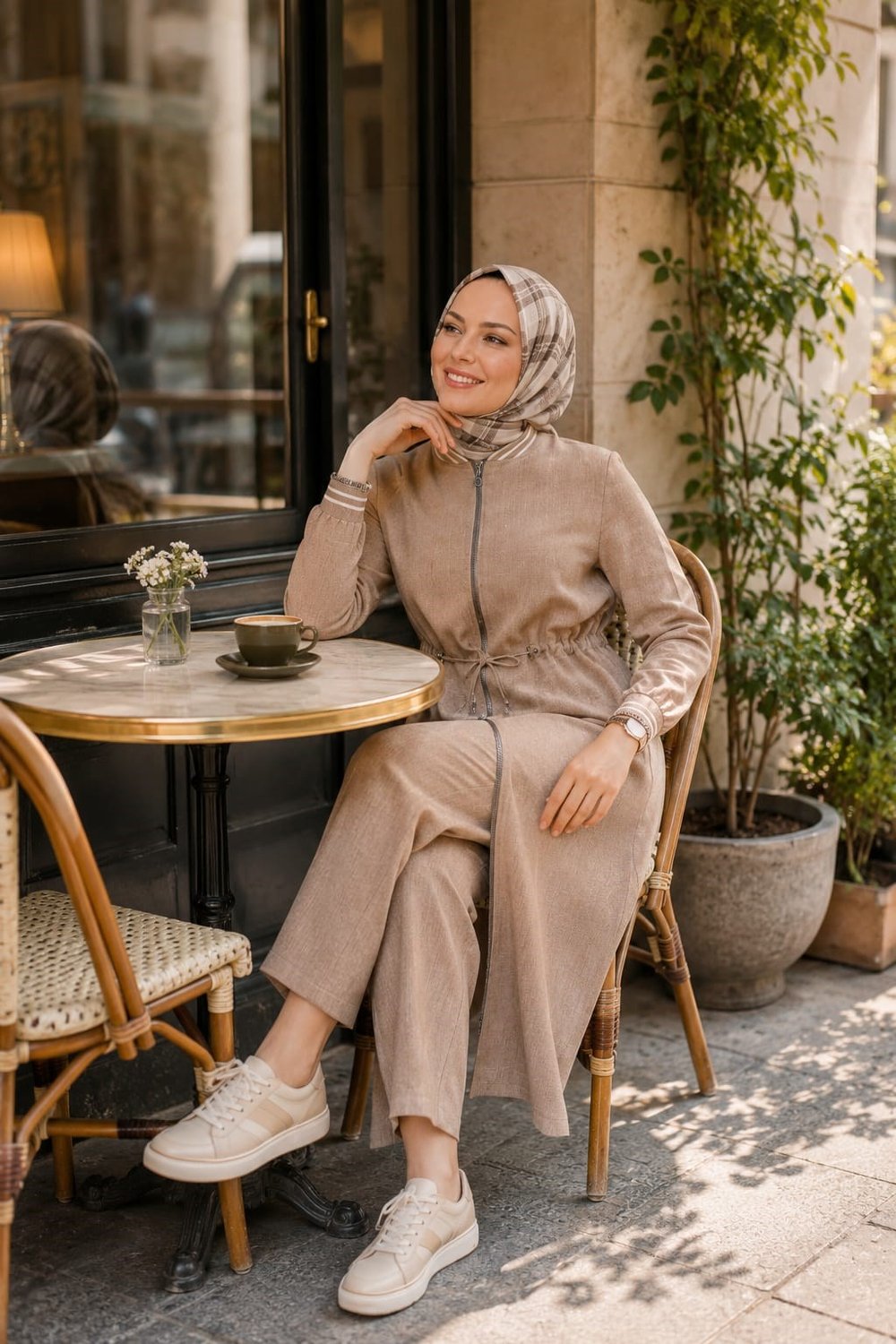 Kadın Ribanalı Fermuarlı Keten Tunik Pantolon Bej İkili Takım