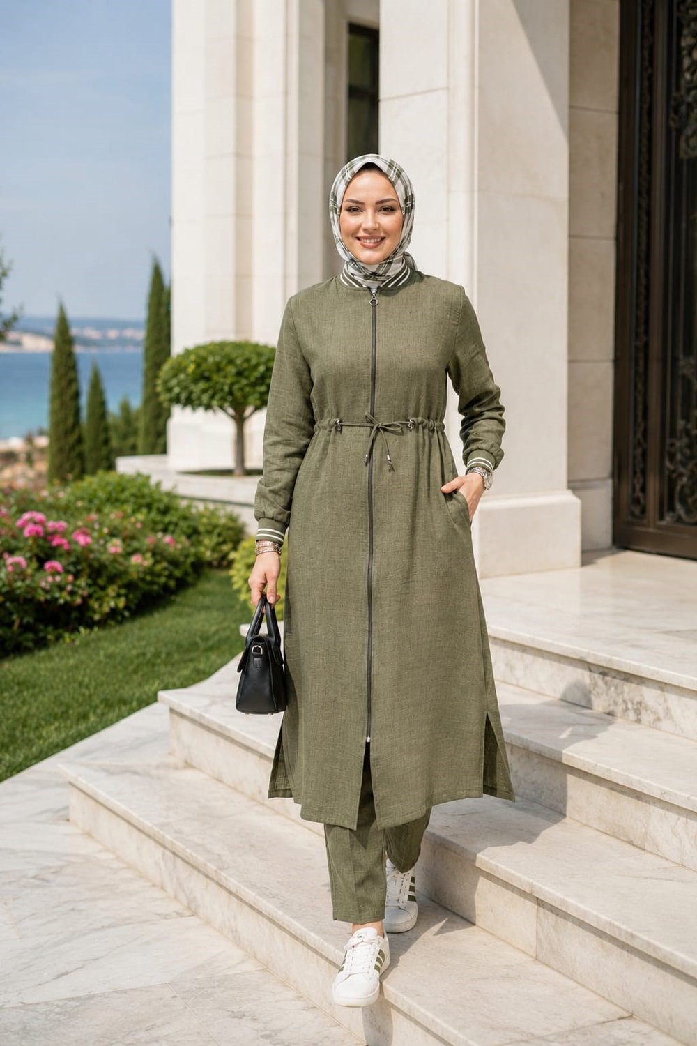 Kadın Ribanalı Fermuarlı Keten Tunik Pantolon Haki İkili Takım