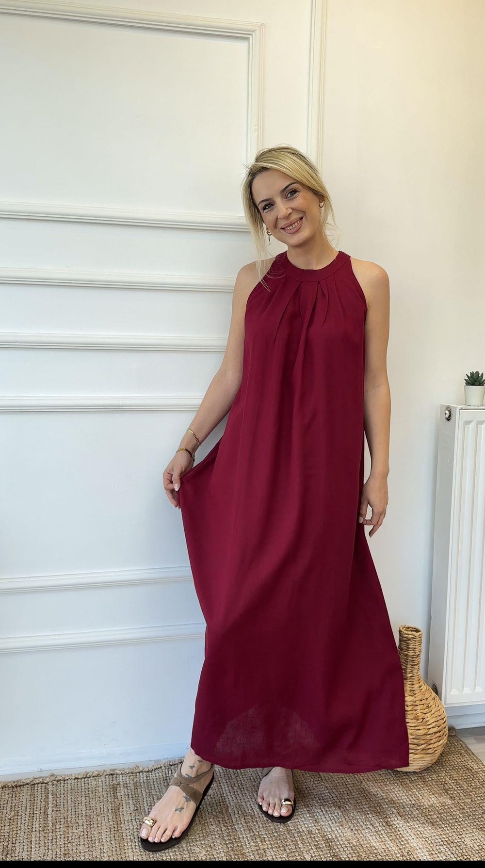 Bordo Keten Oversize Elbise