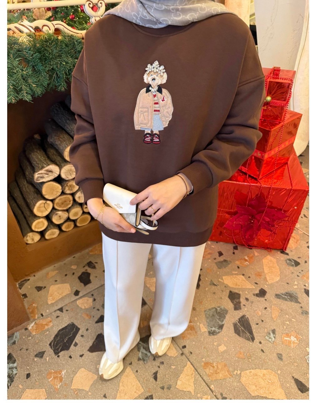 Bym taşlı sweatshirt-Kahve