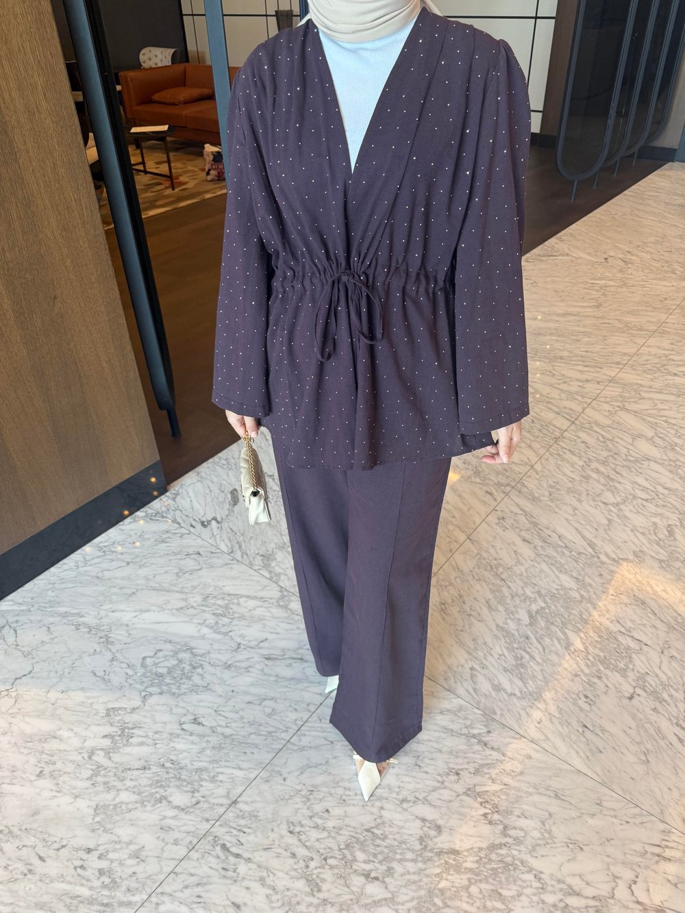 Taşlı Keten Kimono Takım  Mürdüm