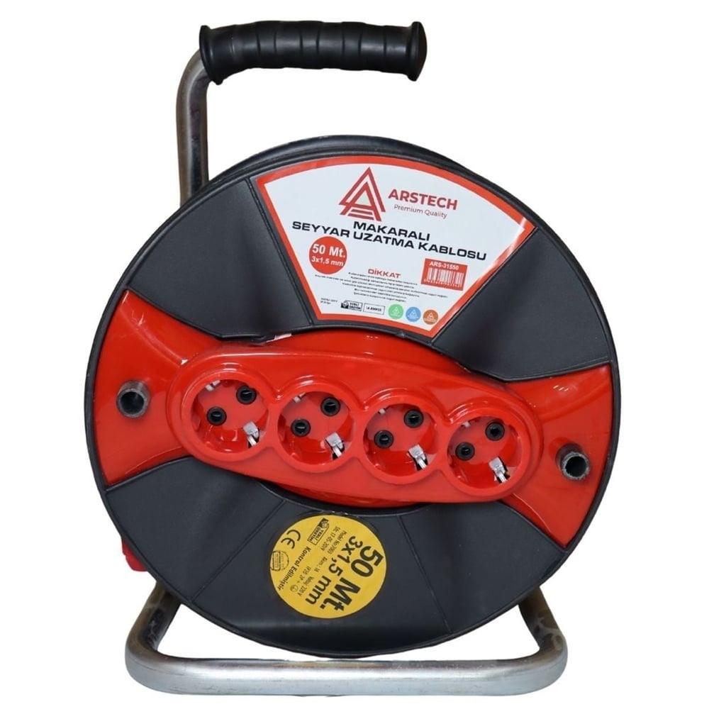 ARSTECH ARS31550 Makaralı Uzatma Kablosu 3x1.5 mm 50 Metre - Termal Sigortalı 4'lü Seyyar Uzatma Makarası