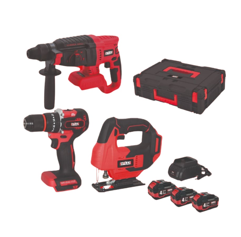 ATTLAS ATB 21 KS3C-403C Kömürsüz 3x4.0Ah Üçlü Akülü Kombo Set (Kırıcı Delici + Dekupaj + Matkap)
