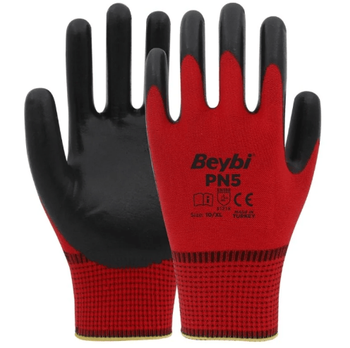 BEYBİ PN5 Kırmızı Siyah Polyester Eldiven No:10 - Profesyonel Hassas Şantiye, Ultra Esnek Mekanik Montaj ve Yüksek Mukavemetli İSG İş Eldiveni