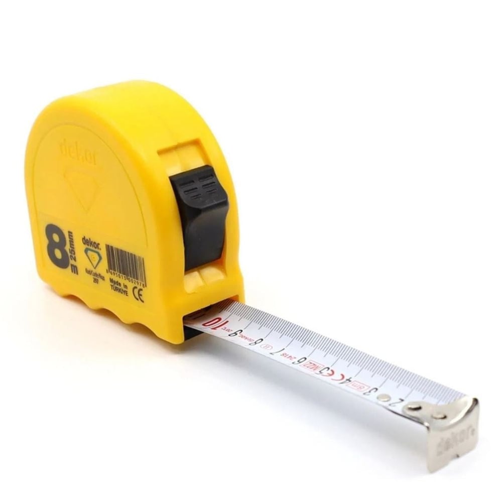 DEKOR 297 Şerit Metre Sarı Kasa 8 Mt 25 mm - Profesyonel Geniş Çelik Şerit Uzun Mesafe Metresi