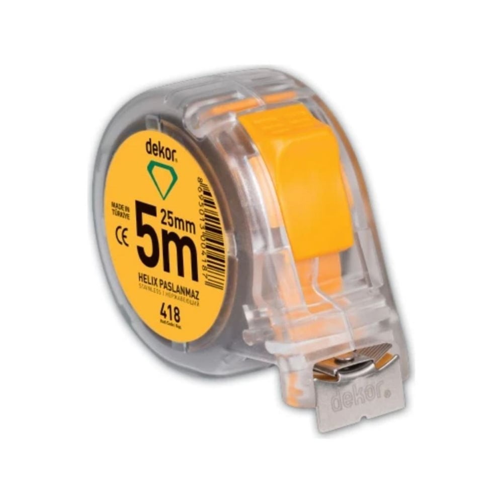 DEKOR 418 Helix Şerit Metre Şeffaf Kasa Paslanmaz 5 Mt 25 mm - Suya ve Paslanmaya Dayanıklı Profesyonel Metre