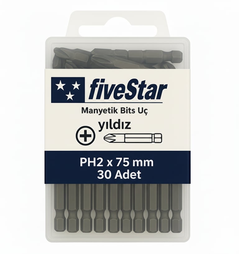 FIVESTAR Manyetik Yıldız Bits Ucu PH2x75 mm – Profesyonel Uzun Vidalama Ucu
