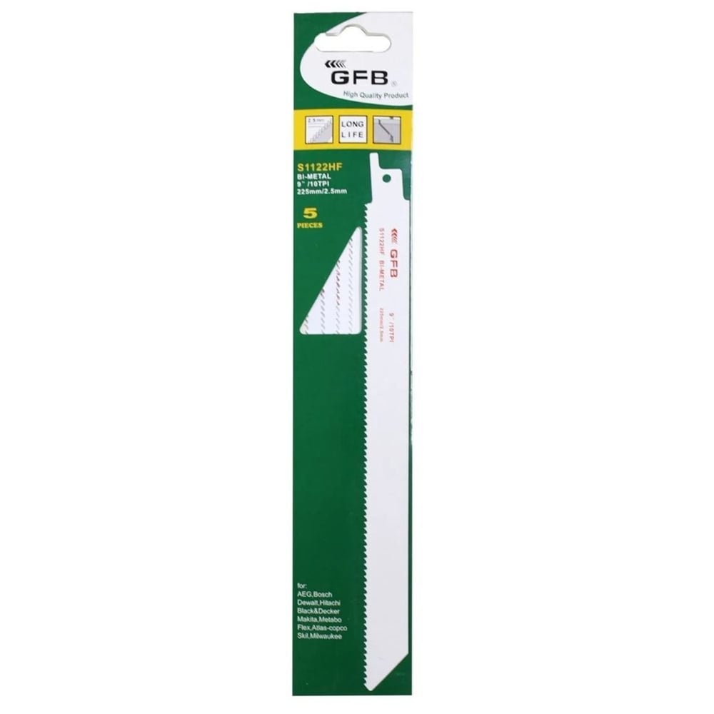 GFB S1122EF Tilki Kuyruğu Testere Bıçağı Uzun Metal Kesim 5'li Paket - Profesyonel Bi-Metal Esnek Profil, Sac ve Demir Boru Panter Testere Ağzı