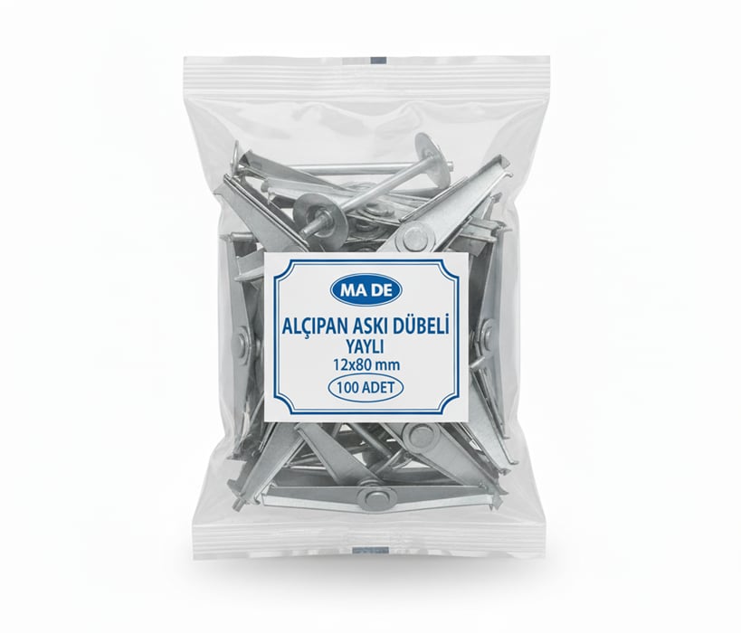 MADE Alçıpan Askı Dübeli Yaylı 12x80 mm 100'lü Paket - Profesyonel Çelik Yaylı Şemsiye Tavan Dübeli, Yüksek Taşıma Mukavemetli Şantiye Tipi Kancalı Alçıpan Dübeli