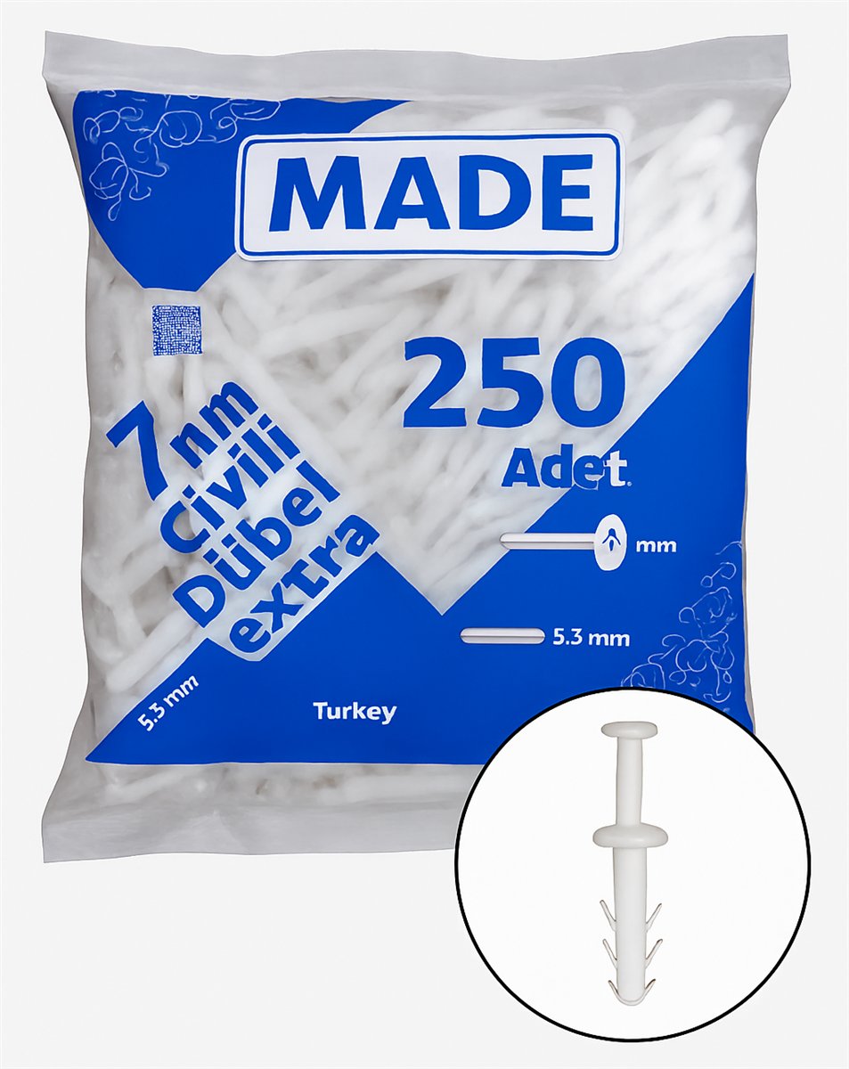 MADE Korniş Dübeli Çivili Extra 7 mm 250'li Paket - Profesyonel Çivili Plastik Perde Korniş Dübeli, Yüksek Tutunma Mukavemetli Şantiye Tipi Kolay Çakma Dübel