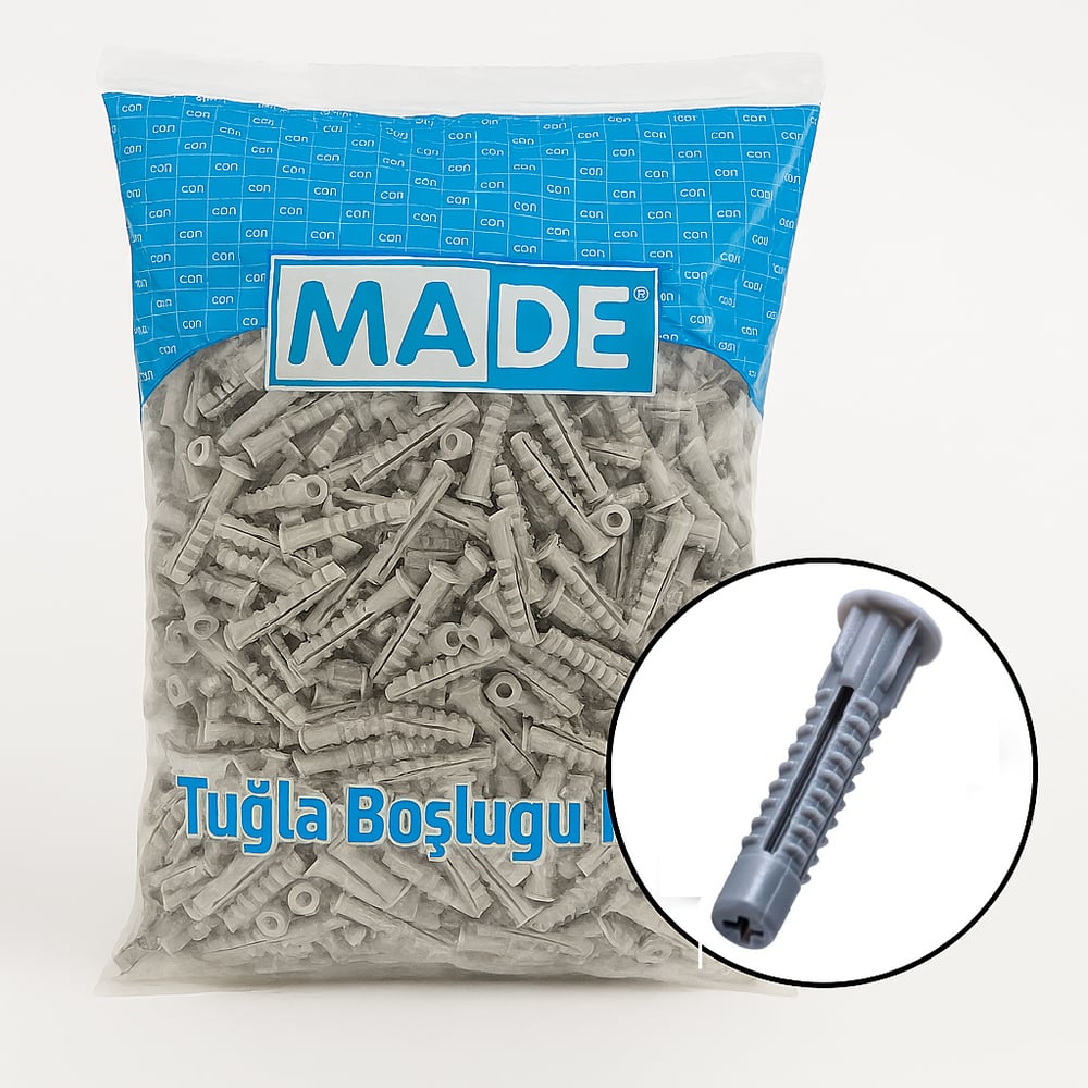MADE Tuğla Boşluk Dübeli 12 mm 250lü Paket - Profesyonel Geniş Çaplı Boşluklu Tuğla, Briket ve Delikli Duvar Dübeli, Yüksek Tutunma Mukavemetli Şantiye Tipi Plastik Dübel