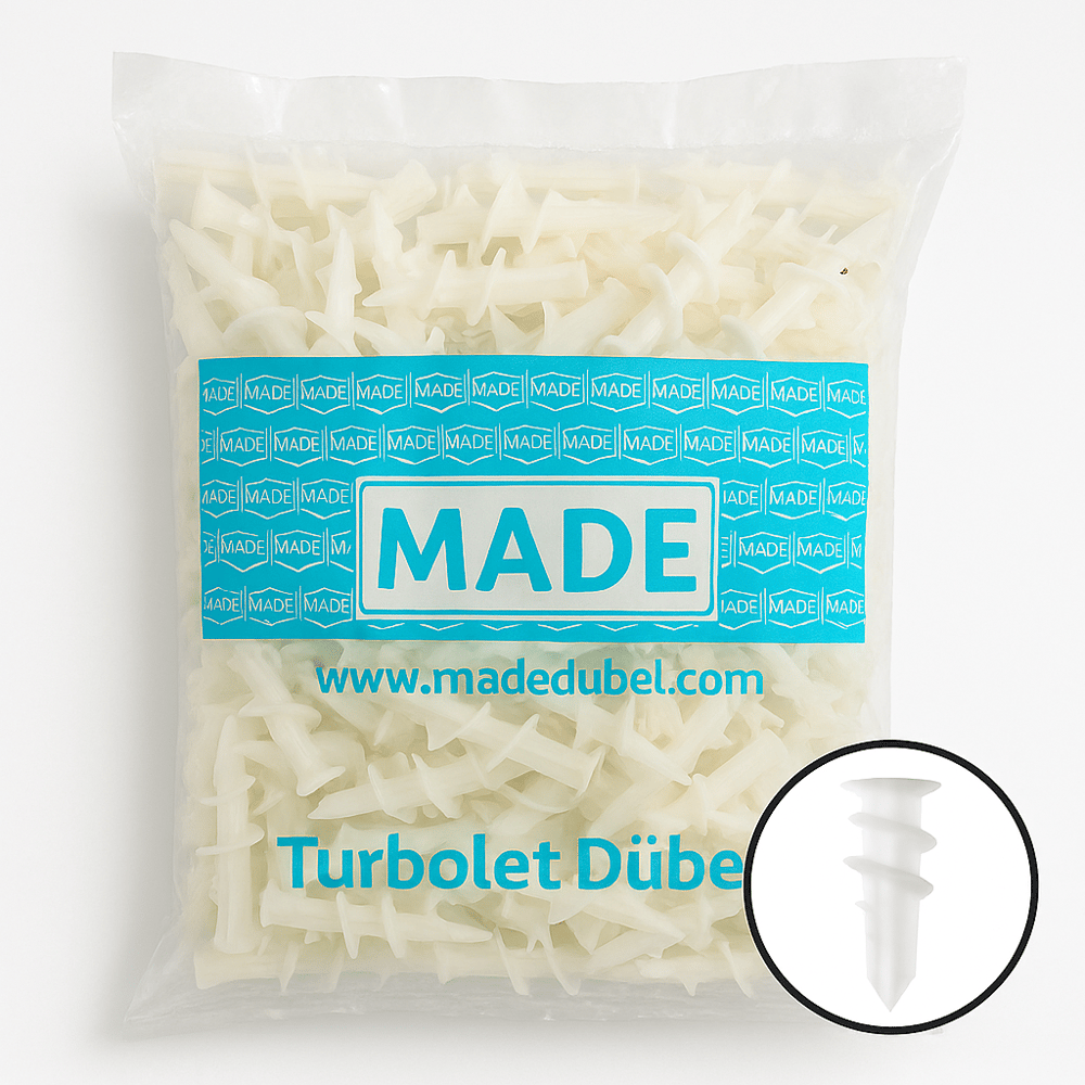 MADE Turbolet Dübel Düz Uçlu 13 mm 500'lü Paket - Profesyonel Alçıpan ve Gazbeton Dübeli, Yüksek Tutunma Mukavemetli Şantiye Tipi Kanatlı Plastik Dübel