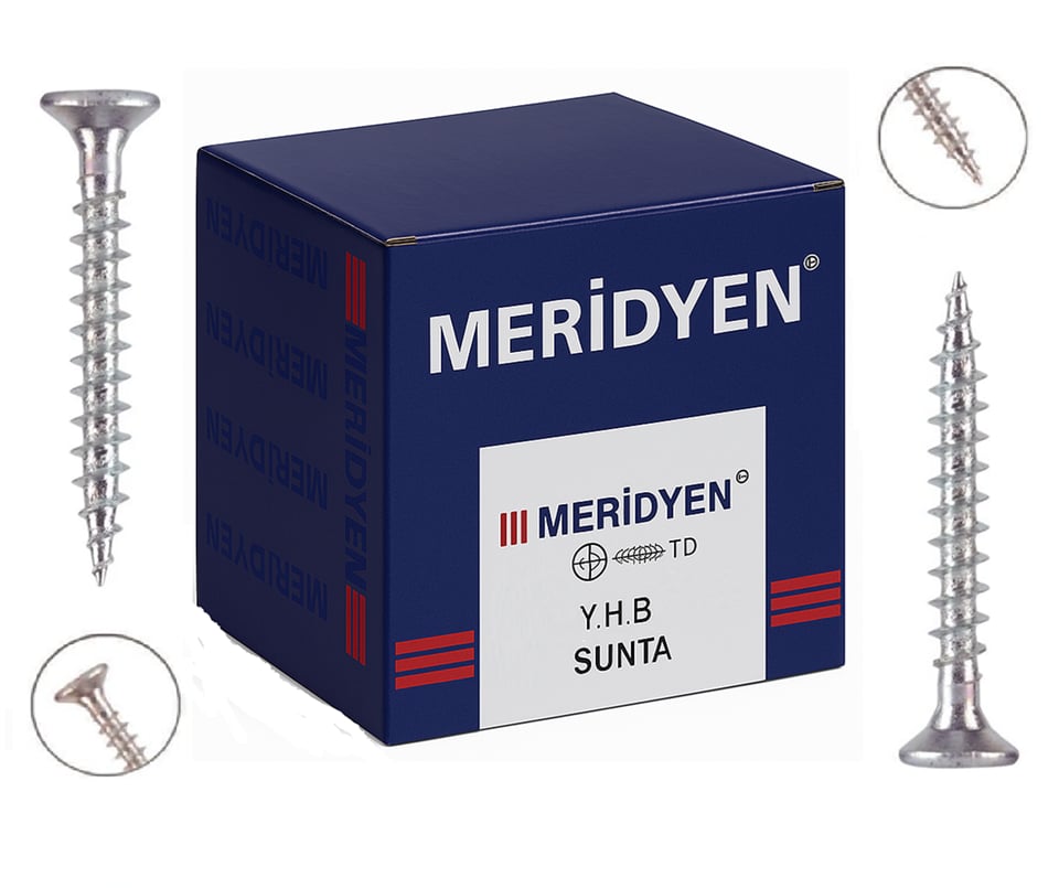 MERİDYEN Sunta Vidası Çeşitleri - Profesyonel Çinko Kaplı Havşalı Ahşap Vidası, Sıyırmaz Yıldız Başlı Şantiye Tipi Akıcı Marangoz Vidası Modelleri