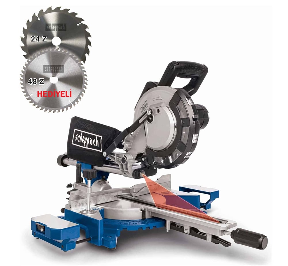 SCHEPPACH HM216 Lazerli Kızaklı Gönye Kesme Makinası 216 mm 2000 Watt - Profesyonel Geniş Panel Ebatlama ve Çift Kızaklı Yatarlı Gönye Kesme