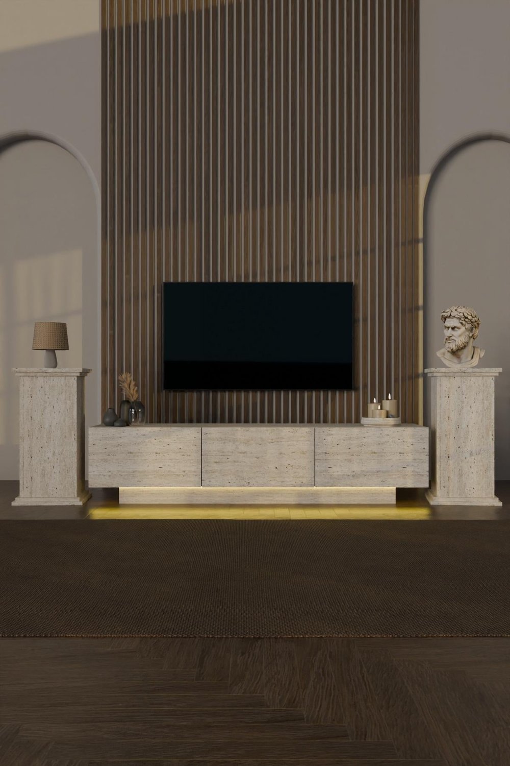 Almadfes Led Işıklı Tv Ünitesi 190cm Sağ ve Sol 2 Yanı Kitaplıklı 3 Kapaklı Modern Çizgi Traverten