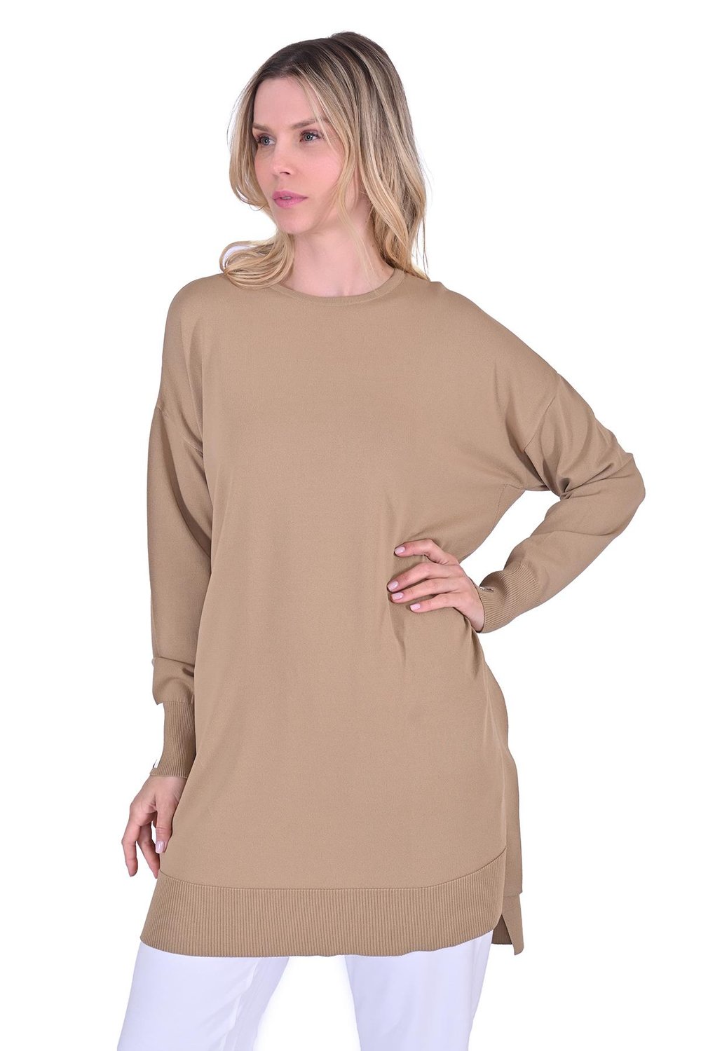 Oversize Renk Detaylı Triko Tunik CAMEL