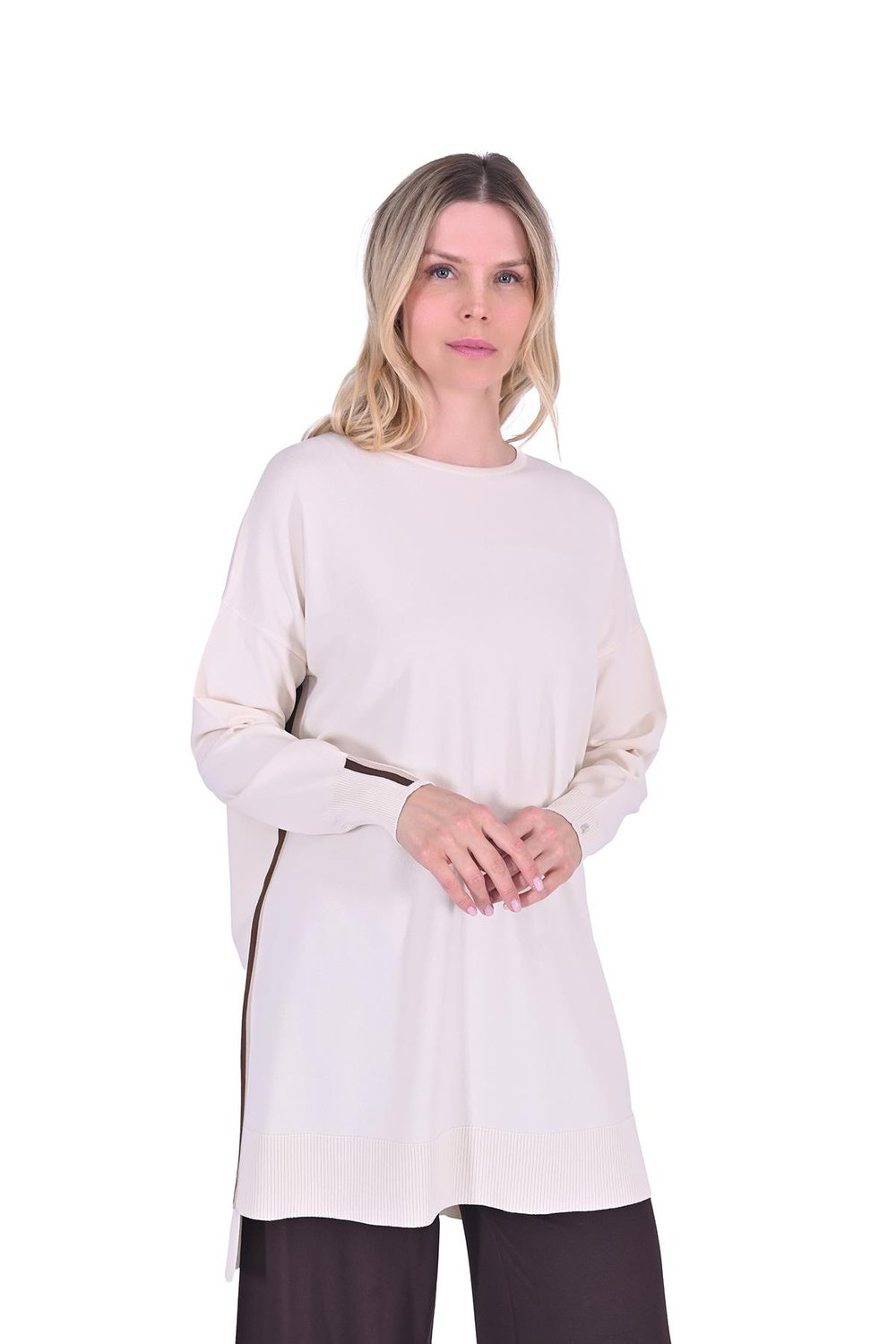 Oversize Renk Detaylı Triko Tunik VANİLYA