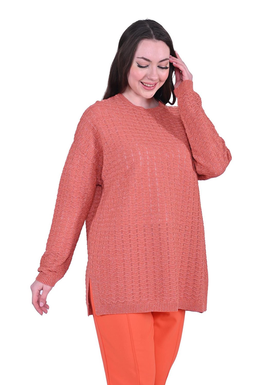 Simli Ripple Triko Tunik KİREMİT