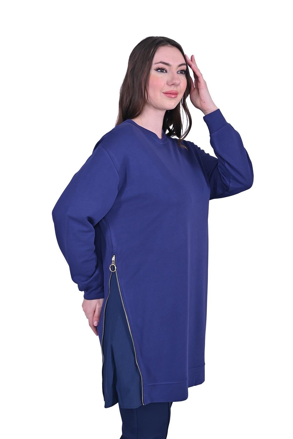 Yandan Fermuarlı Pamuk Tunik İNDİGO