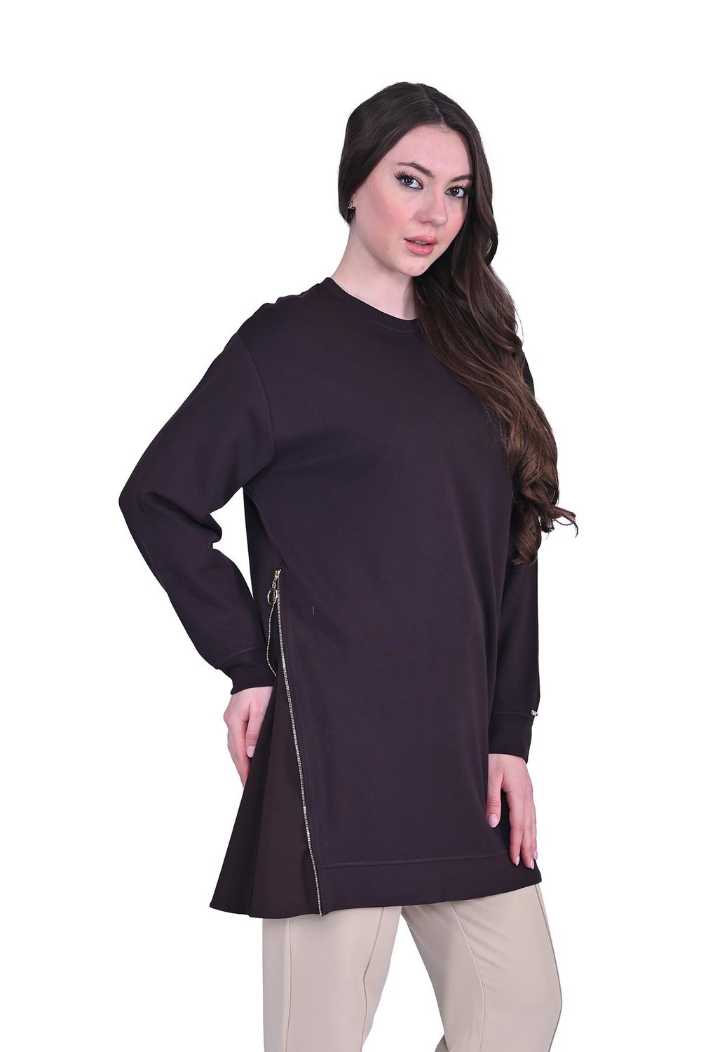 Yandan Fermuarlı Pamuk Tunik KAHVE