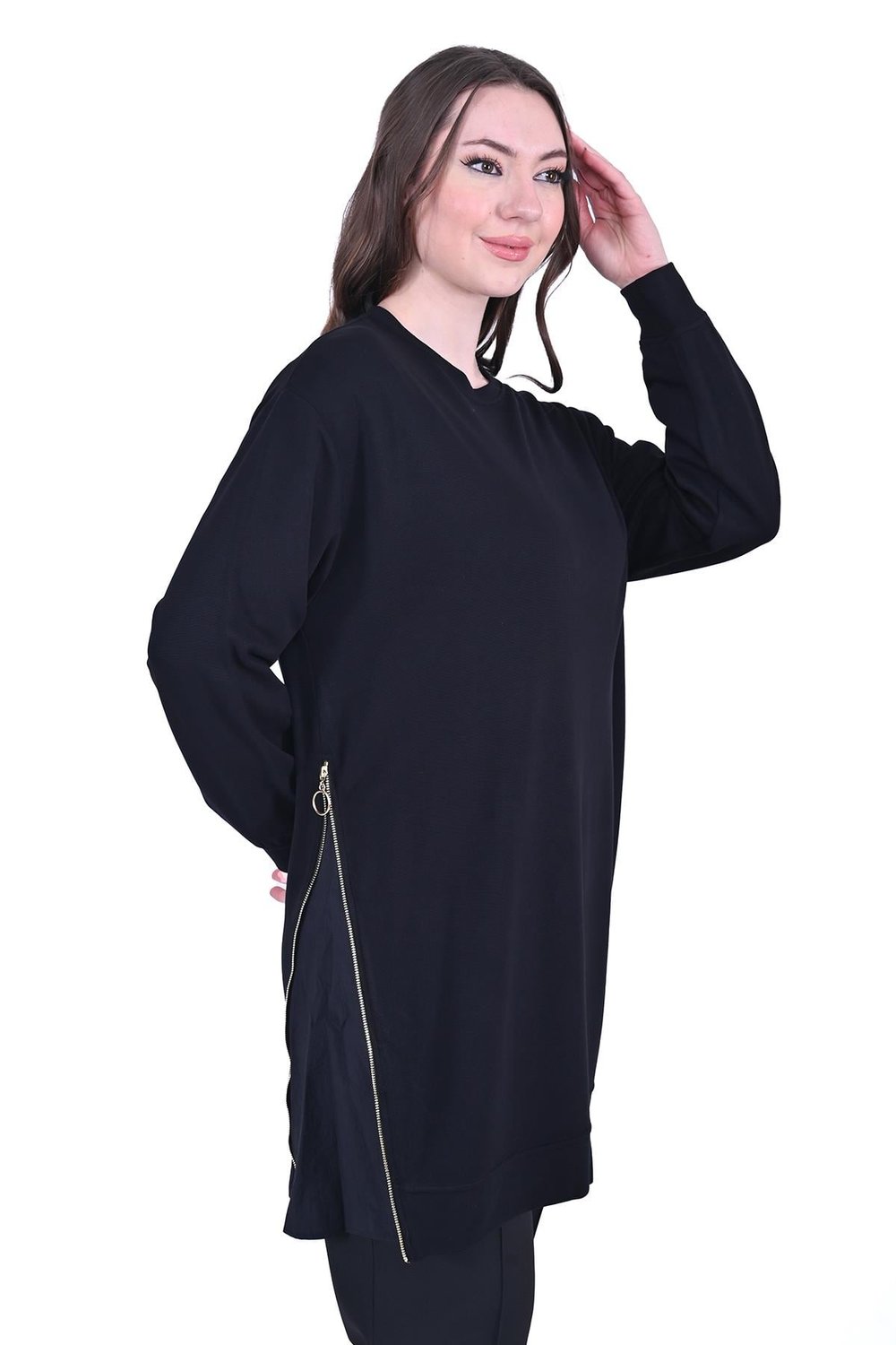 Yandan Fermuarlı Pamuk Tunik SİYAH