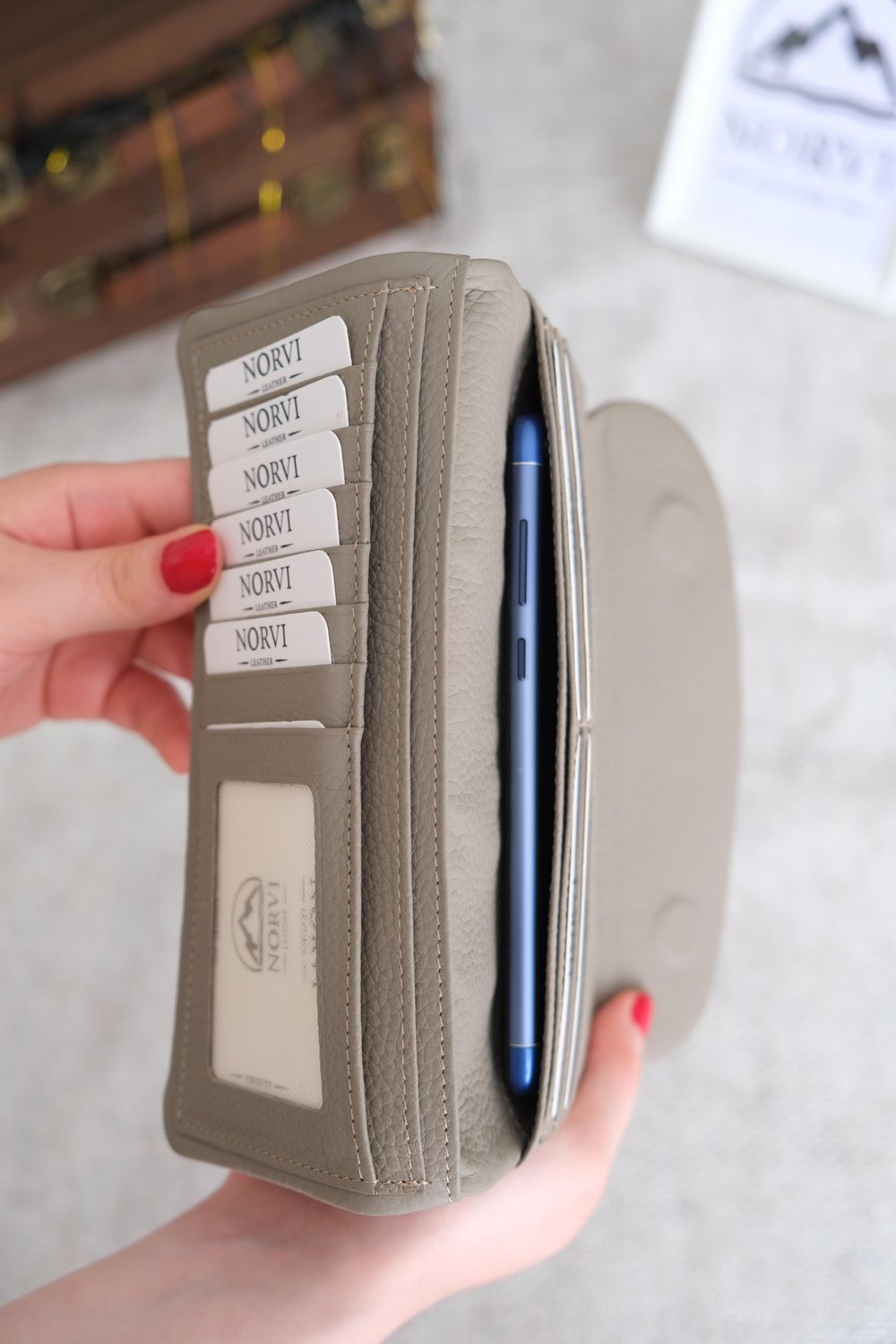 Telefon Bölmeli Hakiki Deri Kadın Cüzdan Gri 1055