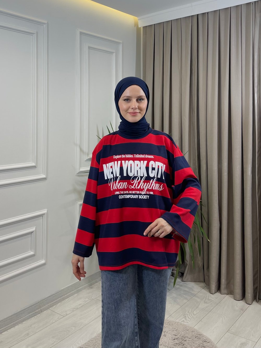 BASKILI SWEAT LACİVERT-KIRMIZI