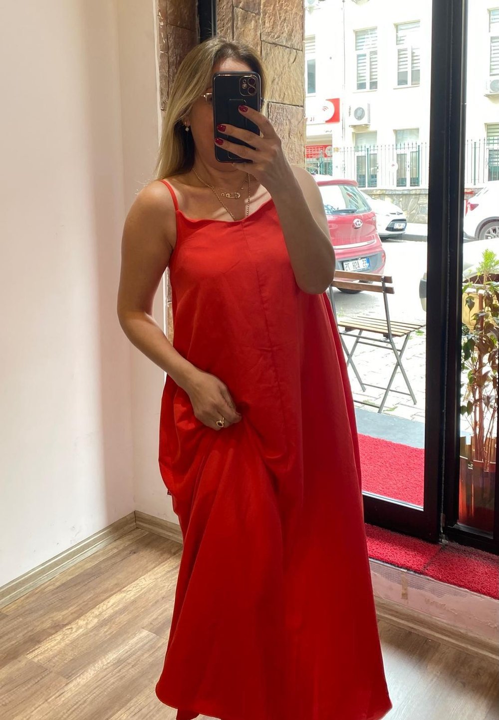 Askılı Maxi Elbise Nar Çiçeği