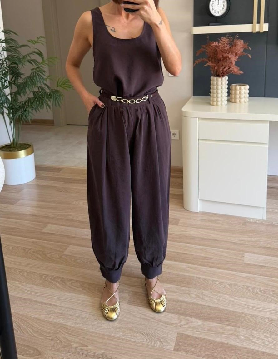 Bluz Kemerli  Pantolon Pamuk Takım Acıkahve