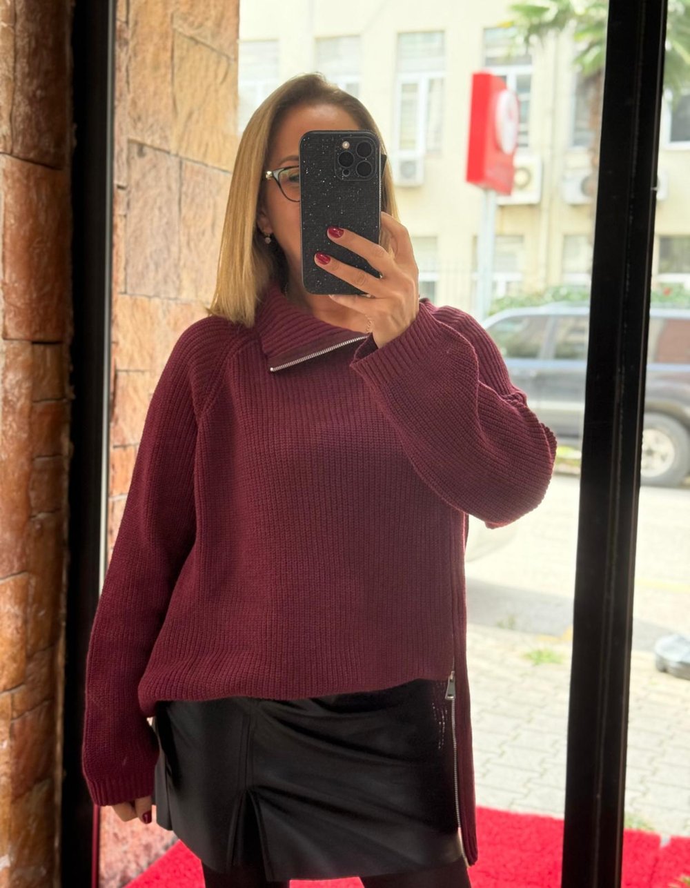 Fermuarı Açılır Kazak Bordo