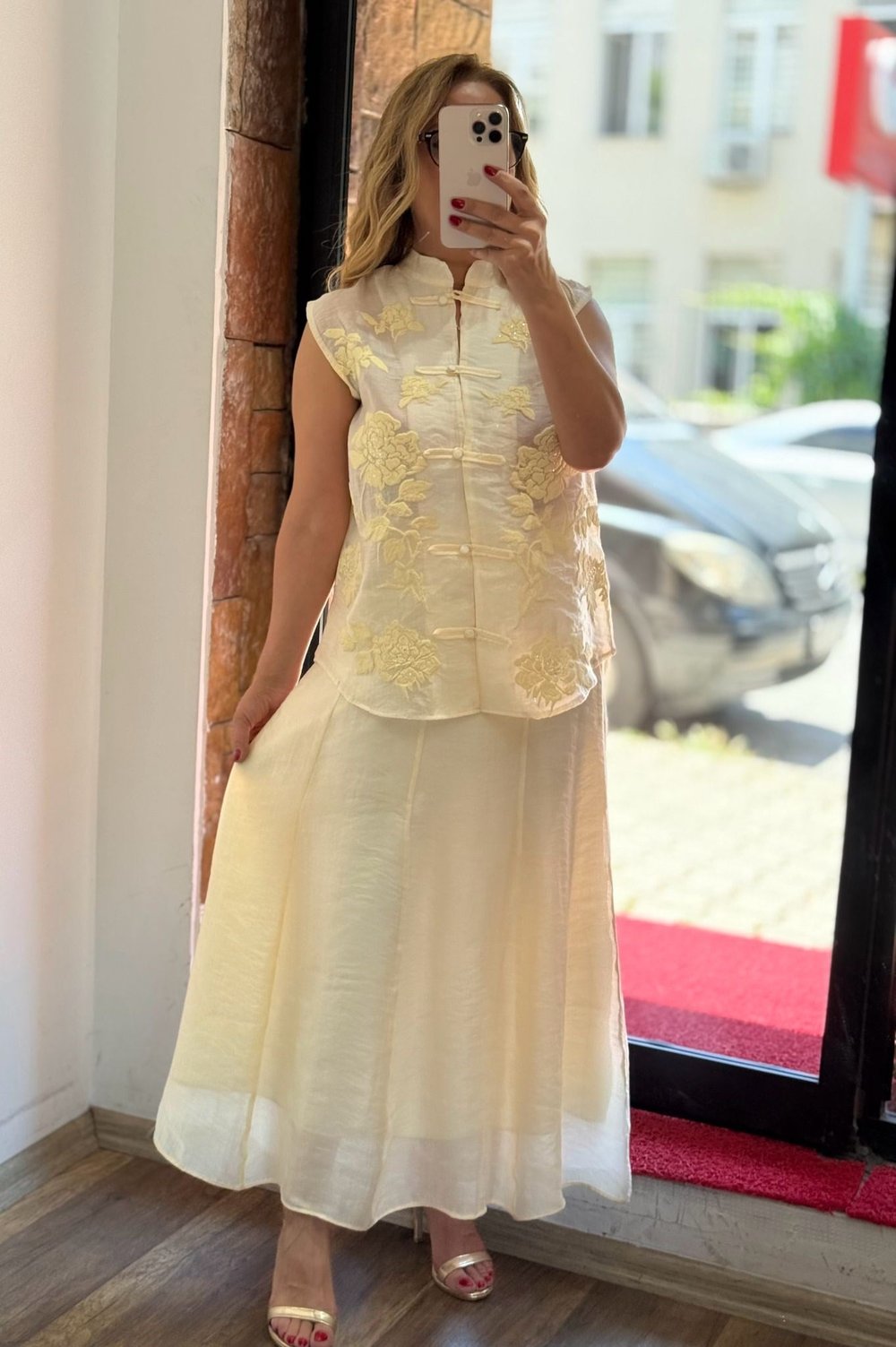 Flok Baskılı Yelek Etek Takım 