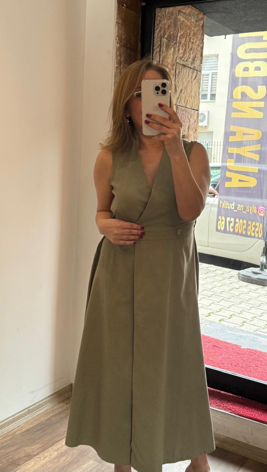 Gabardin Anvelop Uzun Elbise Haki Yeni