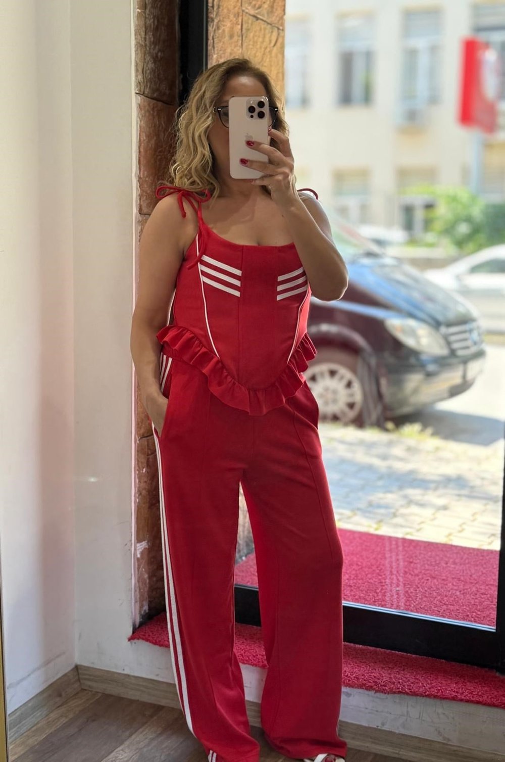İp Askılı Korse Pantolon Krem Şeritli Takım