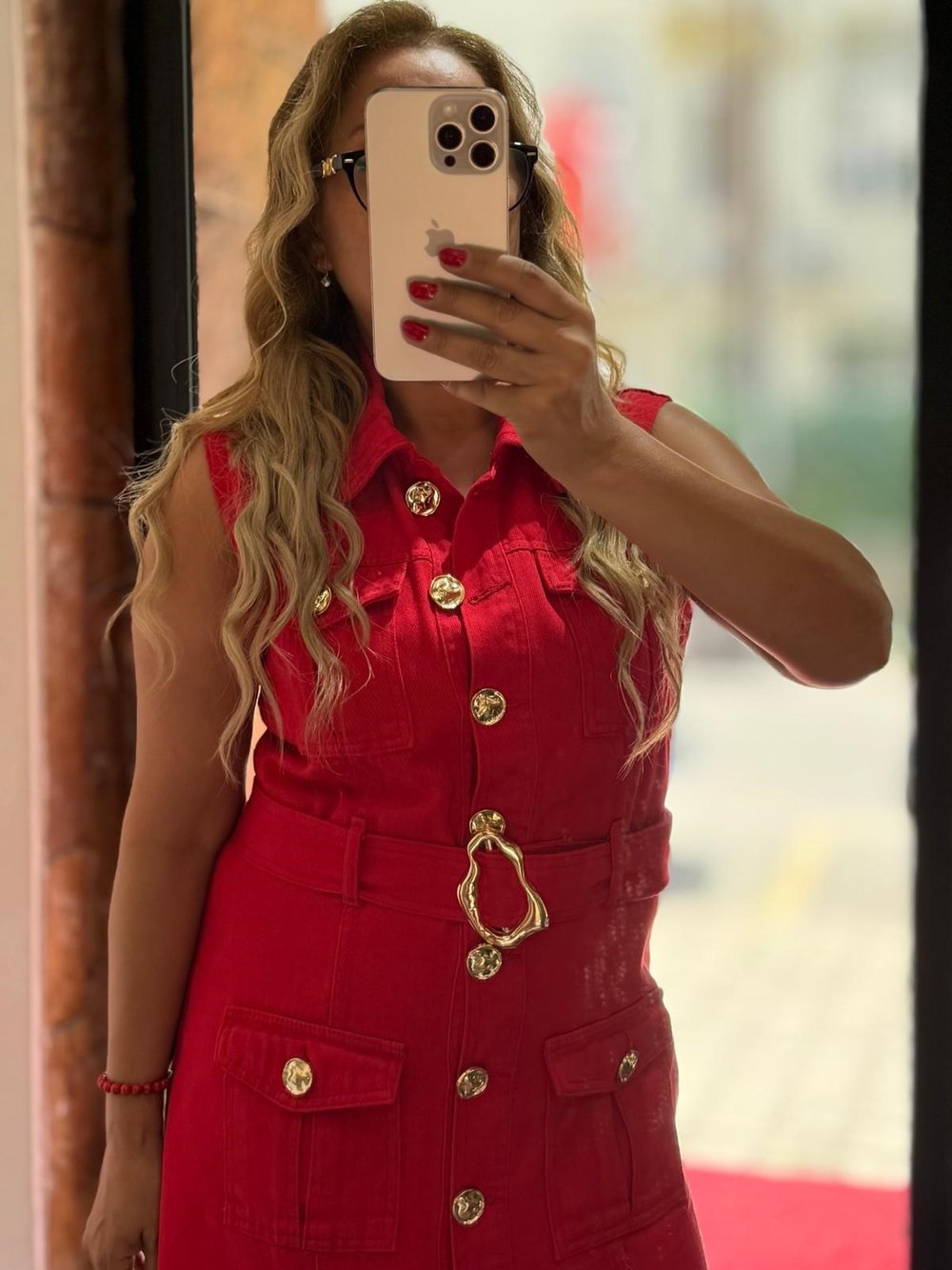 Kırmızı Jean Gold Düğmeli Kemerli Elbise