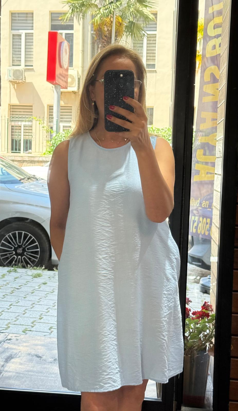 Kısa Cepli Çan Elbise Açık Mavi