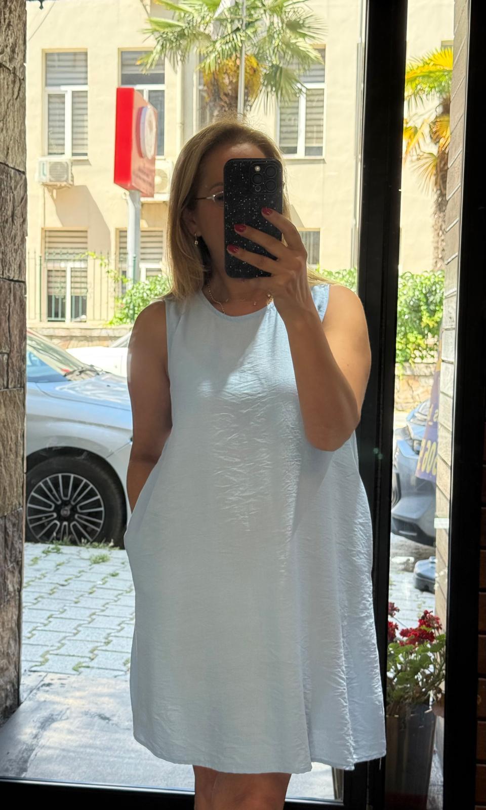 Kısa Cepli Çan Elbise Açık Mavi