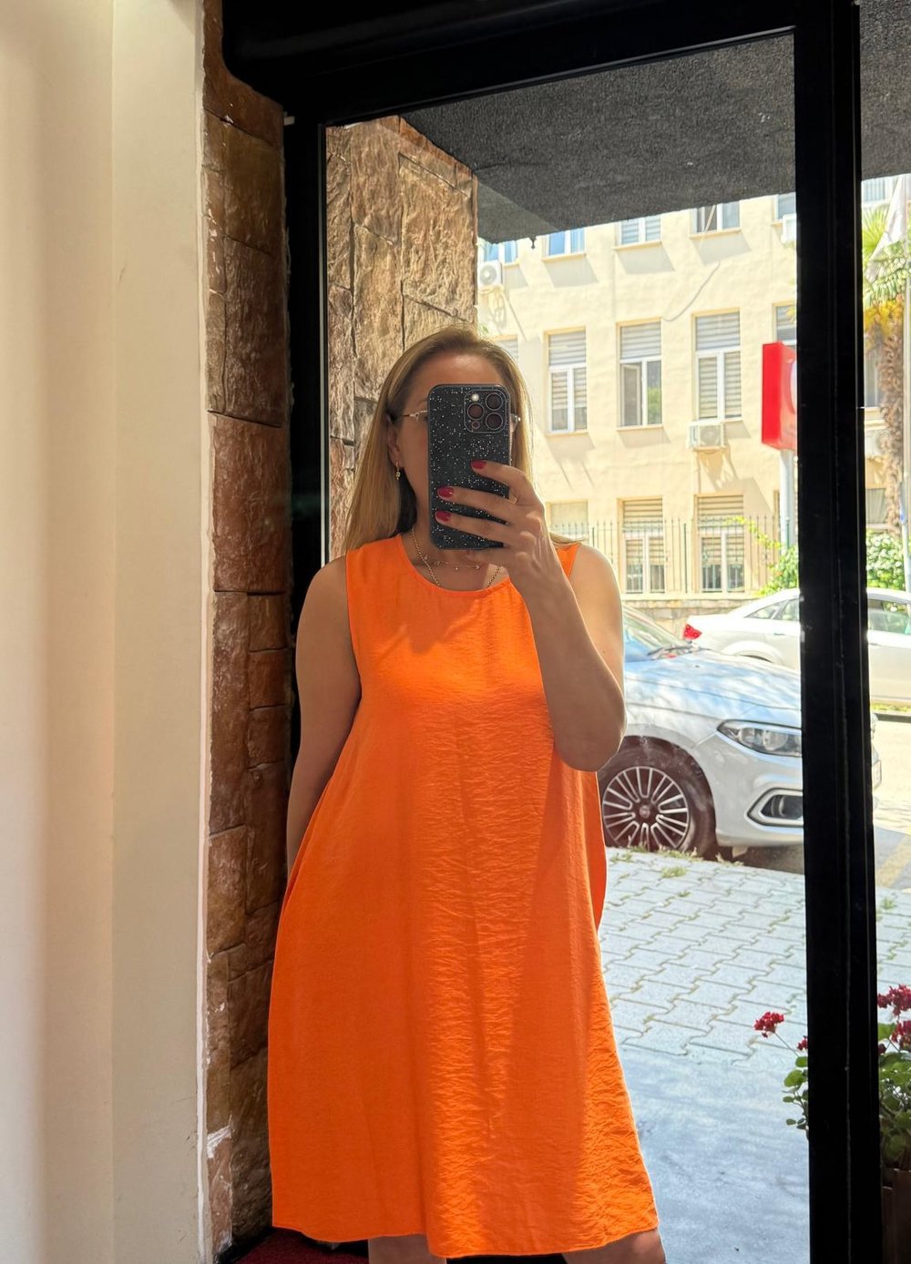 Kısa Cepli Çan Elbise Turuncu