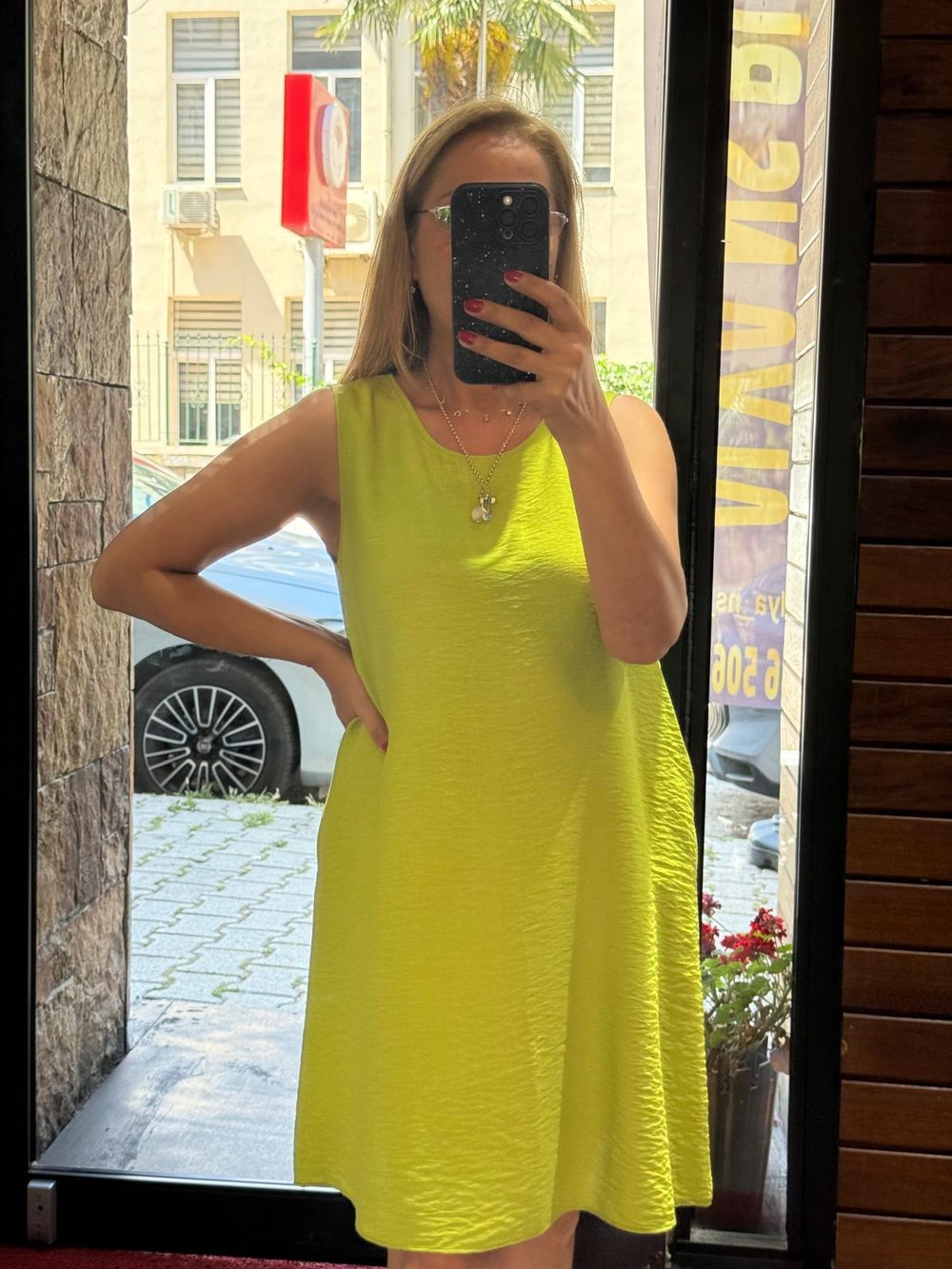Kısa  Cepli Çan Elbise Yeşil