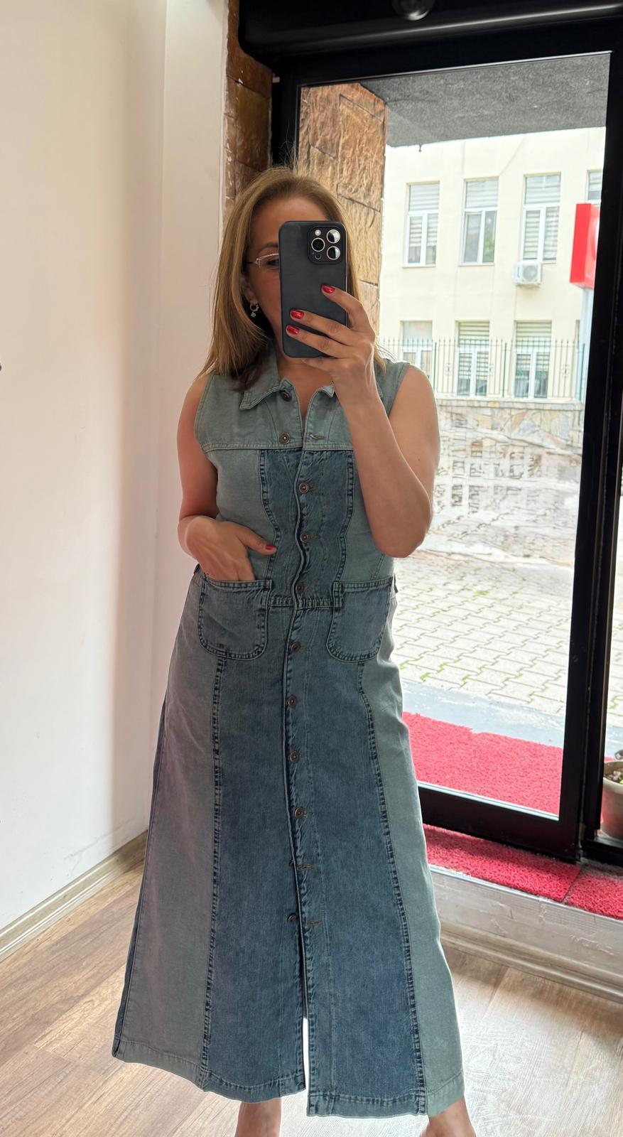 Kontrast Denim Tasarım Yırtmaçlı Kolsuz Ebise Yeni
