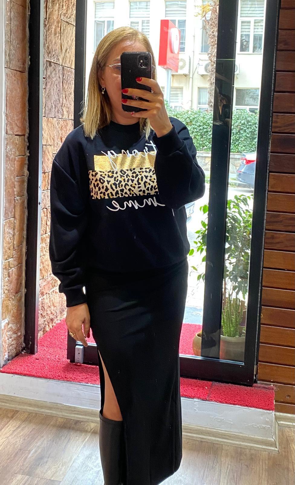 Leopar Desen Detaylı Sweatshirt Siyah